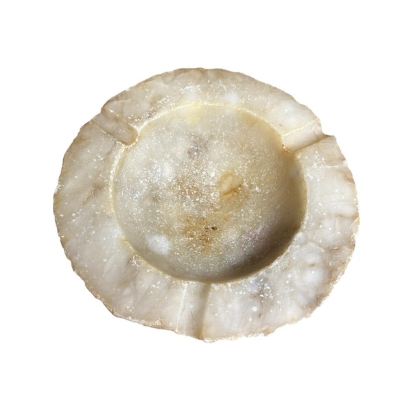 Vintage Italian Beige Alabaster Ashtray Hand Carved Round Heavy Raw Cut Stone - Picture 2 of 9